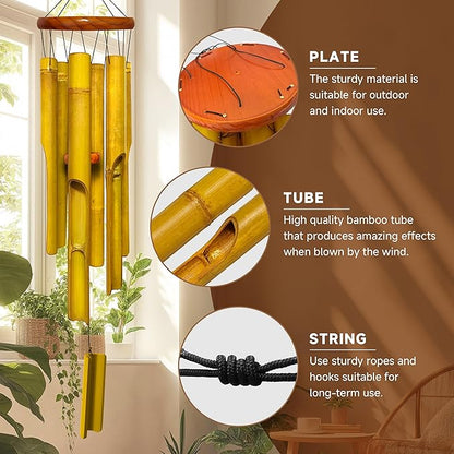 Bamboo Wind Chimes 38" 6 Pipes, Handcrafted Wooden Wind Chime Bring a Unique and Soothing Melody, Create a Zen Atmosphere for Outdoor Indoor Decor, Thanksgiving Day Gifts for Sympathy, Memorial