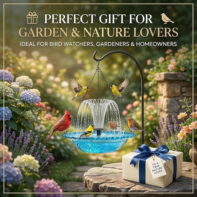 Hanging Solar Bird Bath Fountain - Outdoor Hanging Bird Bath with Solars Pump & Glass Bowl for Patio Yard Decor (Purple)