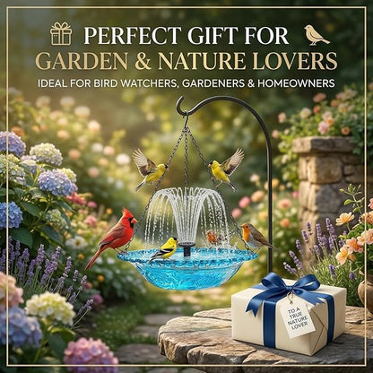 Hanging Solar Bird Bath Fountain - Outdoor Hanging Bird Bath with Solars Pump & Glass Bowl for Patio Yard Decor (Purple)