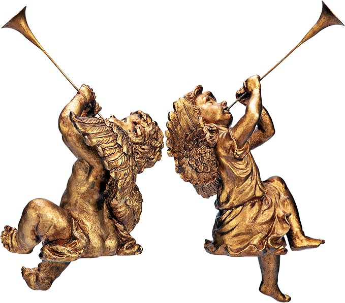 Design Toscano JE930801 Trumpeting Angels of Peter's Square Holiday Statue Ornaments, Set of Two, Boy & Girl, 7 inches Wide, 13 inches Tall, Handcast Polyresin, Antique Gold Finish