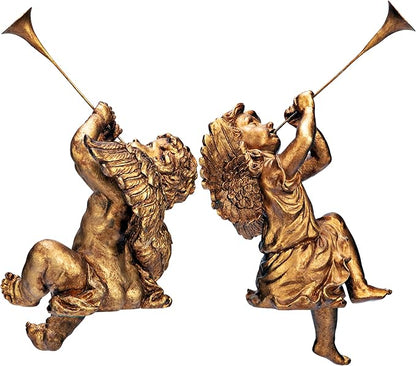 Design Toscano JE930801 Trumpeting Angels of Peter's Square Holiday Statue Ornaments, Set of Two, Boy & Girl, 7 inches Wide, 13 inches Tall, Handcast Polyresin, Antique Gold Finish