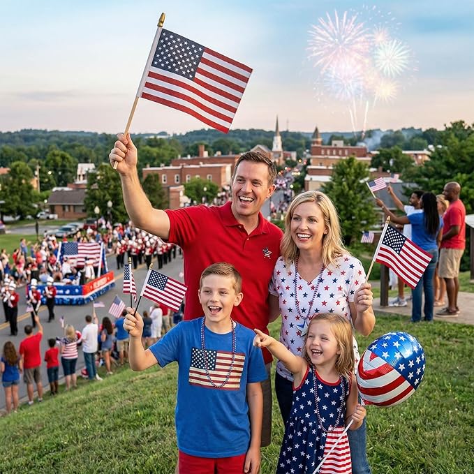TOPFLAGS 4x6 Small American Flag on Stick 12 Pack Mini US Flags 4x6 Inch Kid-Safe Spear Top Pole for Outside 4th of July Memorial Day USA 250th Anniversary Patriotic Decorations