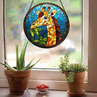 Stained Glass Window Hanging Orange Giraffe Blue Green Leaves 7.8" - Suncatcher Door Garden Sunroom Sun Catcher Home Decor Birthday Christmas for Mom Men Woman Nana