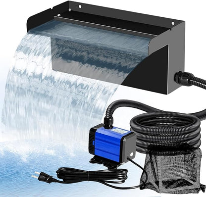 Upgraded Outdoor Pond Waterfall Kit with 50W Pump - 825 GPH Water Flow, 12.2 Inch Adjustable Waterfall Spillway & Extra Long Hose for Garden Ponds, Backyard Water Features (upgrade)