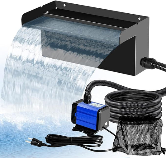 Upgraded Outdoor Pond Waterfall Kit with 50W Pump - 825 GPH Water Flow, 12.2 Inch Adjustable Waterfall Spillway & Extra Long Hose for Garden Ponds, Backyard Water Features (upgrade)