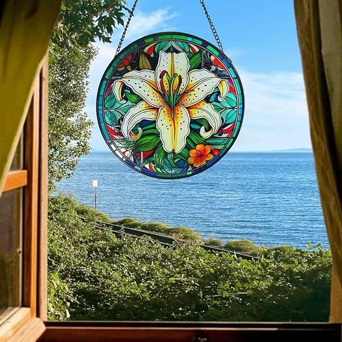 Colorful 7.87'' Lily Flowers Stained Glass Window Hanging - Sun Catcher for Indoor Window Decor, Garden, or as Thoughtful Gifts for Women, Wife, Mom on Party, Birthday, Housewarming