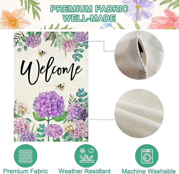 Baccessor Spring Hydrangea Garden Flag Double Sided 12x18 Inch, Summer Purple Flower Floral Welcome Small Yard Flag Burlap Seasonal Farmhouse Yard Outdoor Decoration