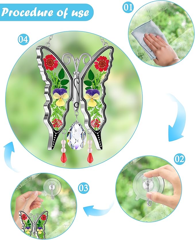KY&BOSAM Crystal Butterfly Suncatchers Stained Glass Sun Catcher for Window Haning Wind Chime with Dried Flowers and Colorful Rainbow Prisms Charms for Mom Birthday Christmas Decor