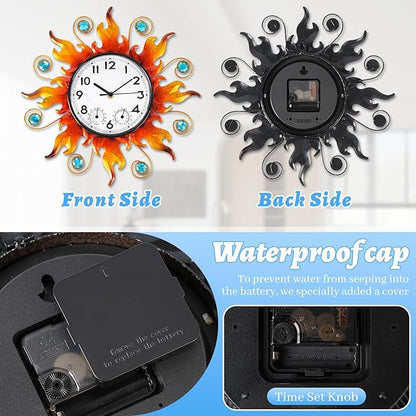 Sun Outdoor Clock with Thermometer and Hygrometer Combo，13'' Wall-Mounted Outdoor Clocks Waterproof Silent No-Ticking for Home, Office, Bedroom, Living Room, Kitchen, Bathroom, Outdoor use