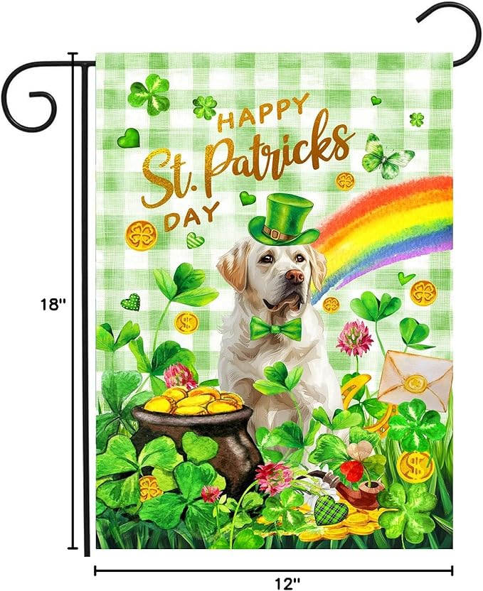White Lab St Patricks Day Garden Flag Labrador Dog St Patrick's Day Yard Flags for Outside 12x18 Double Sided Buffalo Plaid Shamrock Flag Small Outdoor Rainbow St Patrick's Decor