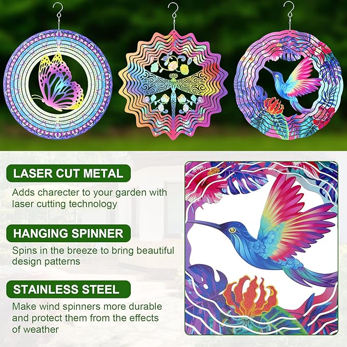 3 Pack Stainless Steel Wind Spinner Butterfly Dragonfly Hummingbird for Yard and Garden 12 Inch 3D Metal Wind Spinner Hanging Outdoor Porch Decor Art Kinetic Sculptures for Indoor Outdoor Decorations