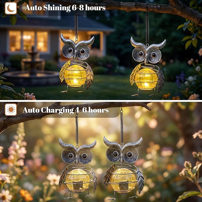 Calenzana Silver Owl Outdoor Solar Garden Light, Waterpoof Hanging Solar Light for Yard Patio Backyard Porch, Gifts for Women Mom Grandma