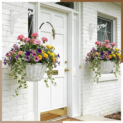 Landhoow 2 Pcs 15.6" Large Cast Iron Hanging Outdoor Wall Hanger White Heavy Duty Basket Hook Braces Vintage Decorative Shelf Garden Planter Flower Hook for Pot Lantern Wind Chime Hummingbird Feeder