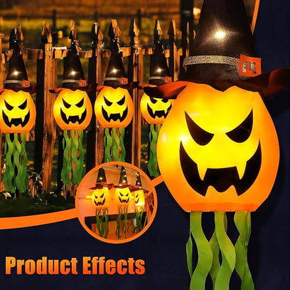 Cuorung Halloween Decorations Outdoor Decor Hanging Lighted Glowing Pumpkin Witch Hat with 3 Modes Lighted Up Scary Orange Halloween Decorations for Indoor Outside Party Yard Tree Garden (4Pcs)