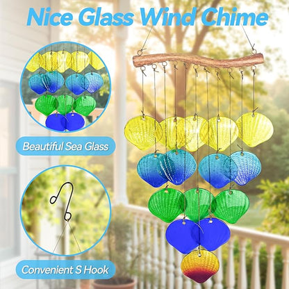 Sea Glass Wind Chime, Shell Shape Glass Windchime for Outside, Indoor Outdoor Decor for Patio Garden Yard, Nice Gifts for Mom & Women, Memorial Sympathy Gift for Home