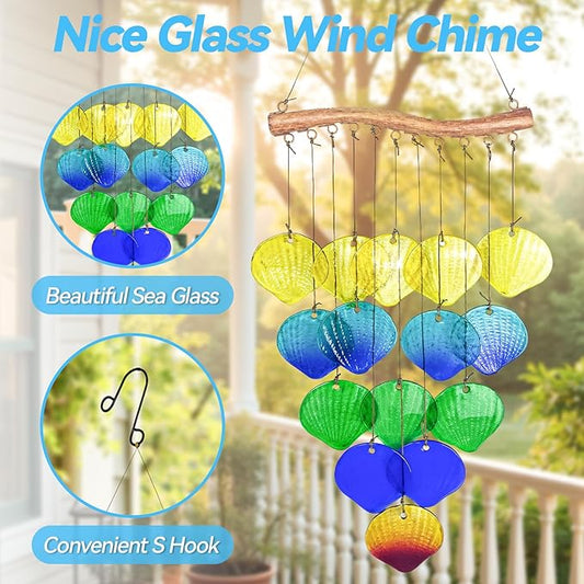 Sea Glass Wind Chime, Shell Shape Glass Windchime for Outside, Indoor Outdoor Decor for Patio Garden Yard, Nice Gifts for Mom & Women, Memorial Sympathy Gift for Home