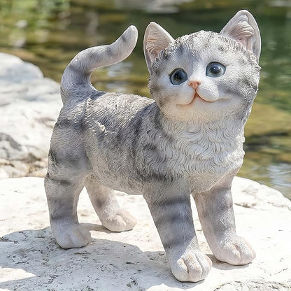 Real Grey Tabby Garden Statue - Resin Realistic Cat Sculpture, Pet Loss Memorial Stone, for Cat Lovers, Indoor/Outdoor Decor, Animal Figurine for Yard Ornaments