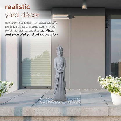 Alpine Corporation 32" Tall Cement Standing Buddha Outdoor Garden Statue, Gray