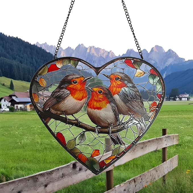 Birds Stained Glass Window Hanging, Sun Catchers Indoor Outdoor Window Hanging, Heart Suncatcher 7.9 Inch Glass Panel with Metal Chain and Hooks, Bird Decor for Home, Garden