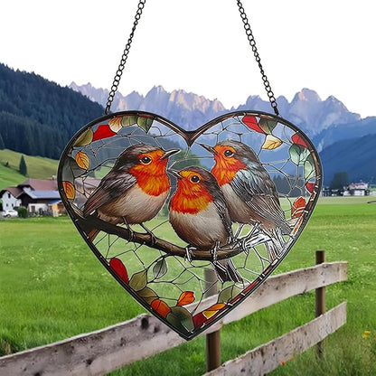Birds Stained Glass Window Hanging, Sun Catchers Indoor Outdoor Window Hanging, Heart Suncatcher 7.9 Inch Glass Panel with Metal Chain and Hooks, Bird Decor for Home, Garden