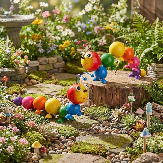Metal Caterpillar Statue Indoor Outdoor Vivid Yard Art Garden Decor for Outside Patio Lawn Ornaments Fence Decorations Gift for Family Friends Garden Lovers 2 Pack(Color & Curved)
