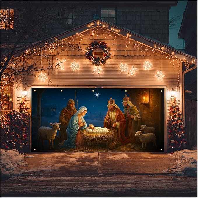 HOMETITUTE Nativity Scene Garage Door Banner 13x6ft Baby Jesus Backdrop with light Animals Stable Religious Christmas Yard Decor for Outdoor Wall Mural Holiday Display