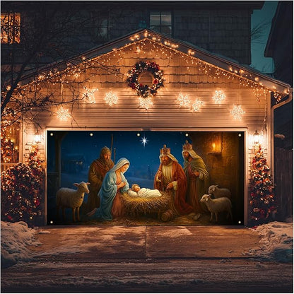 HOMETITUTE Nativity Scene Garage Door Banner 13x6ft Baby Jesus Backdrop with light Animals Stable Religious Christmas Yard Decor for Outdoor Wall Mural Holiday Display
