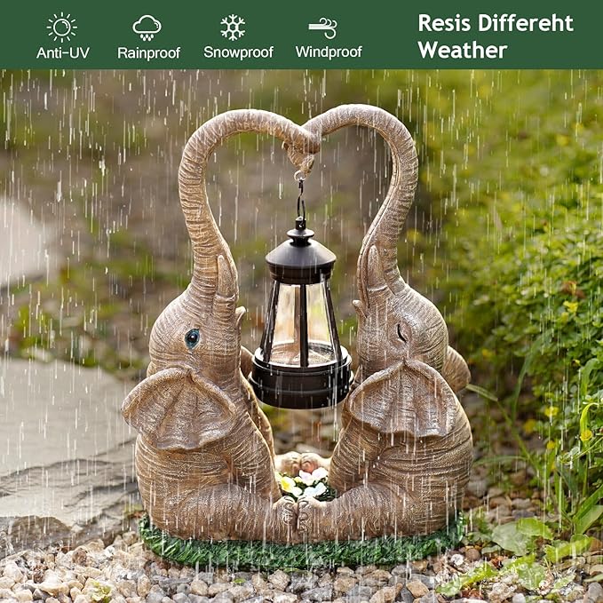 Elephant Statue Garden Decor with LED Solar Lights-Set of 2 Good Luck Elephant Outdoor Statue Elephant Gifts for Women Garden Statues for Yard Patio,Porch,Home for Women