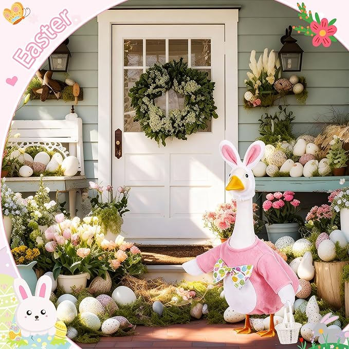 FuWeave Easter Bunny Goose Outfit Easter Egg Porch Goose Costume for Cement Plastic Geese Statue Spring Outdoor Garden Yard Patio Decoration(Light Pink,23 Inches,Cute Bunny)