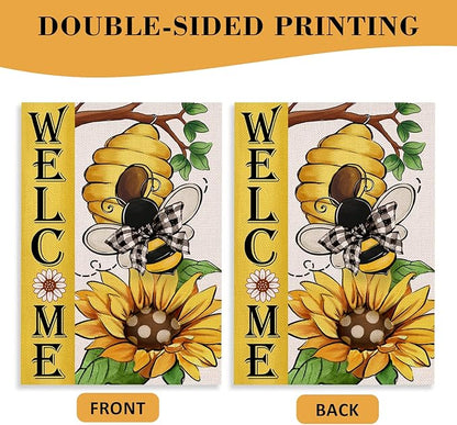 Welcome Spring Summer Bumble Bee Sunflower Decorative House Flag, Honeycomb Flower Garden Yard Outside Decorations, Buffalo Plaid Bow Farmhouse Outdoor Large Home Decor Double Sided 28 x 40