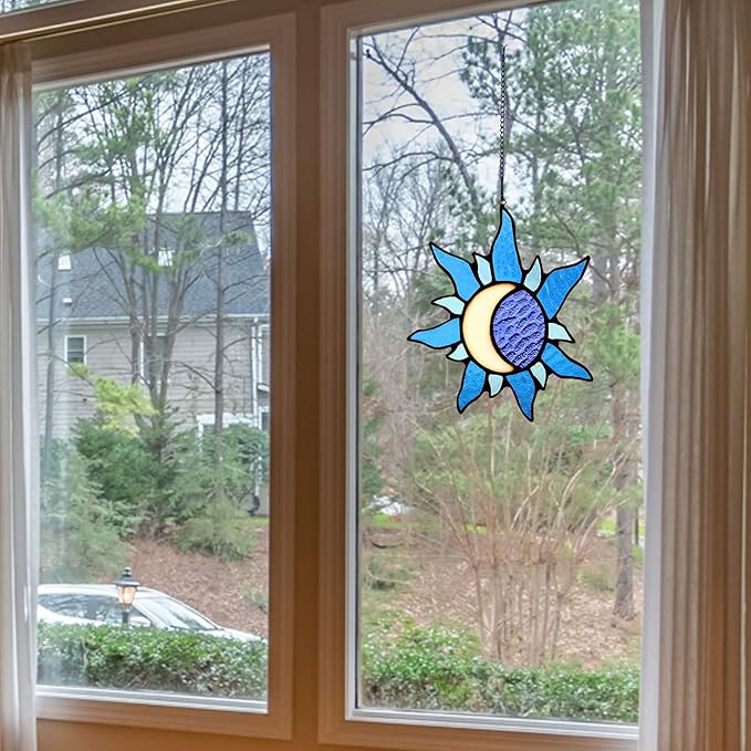 Sun and Moon Stained Glass Window hangings,Sun Moon Decor Glass Suncatchers Ideal for Garden, Home, Farmhouse, Patio and Bedroom
