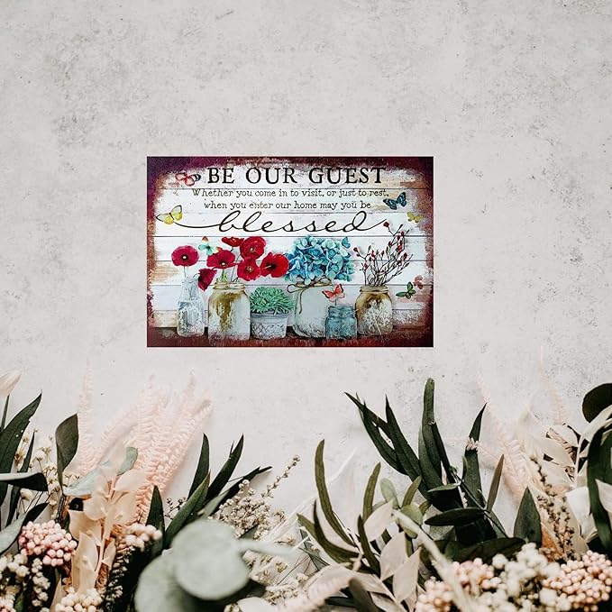 Flowers Metal Poster, Country Rustic Tin Sign, Butterfly be Our Guest, Yard Garage Farm Outside Garden Wall Decor Plaque Outdoor for Home Fence 8 X 12 Inch