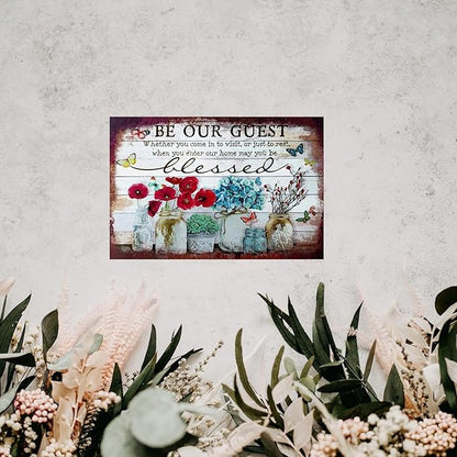 Flowers Metal Poster, Country Rustic Tin Sign, Butterfly be Our Guest, Yard Garage Farm Outside Garden Wall Decor Plaque Outdoor for Home Fence 8 X 12 Inch