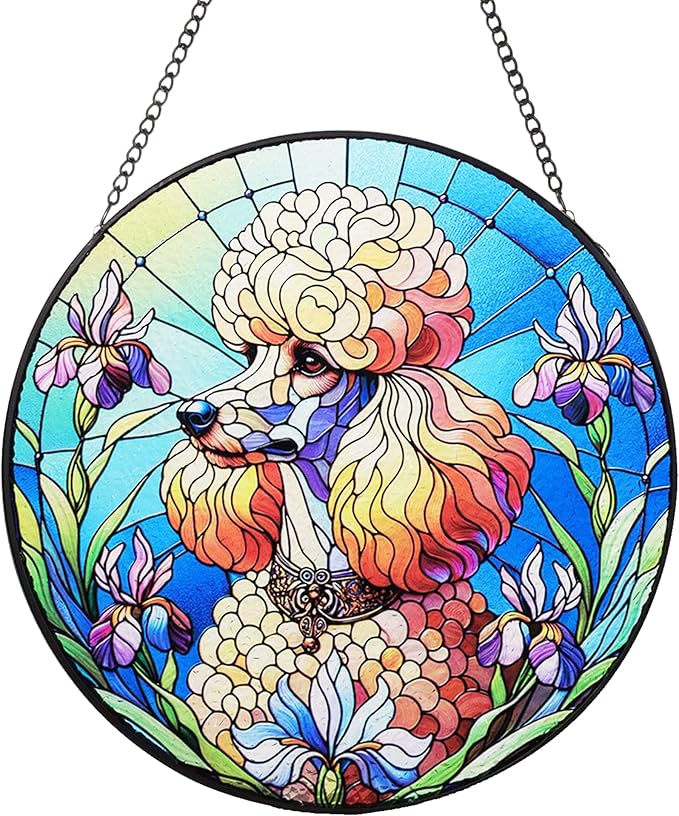 Stained Glass Dog Memorial Suncatcher,Poodle Window Hanging,Sympathy Gifts for Pet Loss,7.9 inch/20 cm Home and Garden Decor for Dog Lovers