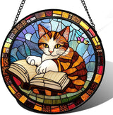 DASTOLL Stained Glass Window Hanging Little Cat Reading 9.8" - Suncatcher Door Garden Kitchen Sunroom Sun Catcher Home Decor Birthday for Lost Pets Mom Grandma Men Woman Friend