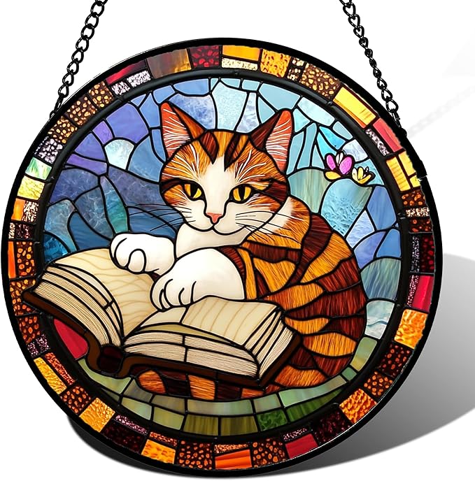 DASTOLL Stained Glass Window Hanging Little Cat Reading 6.3" - Suncatcher Door Garden Kitchen Sunroom Sun Catcher Home Decor Birthday for Lost Pets Mom Grandma Men Woman Friend