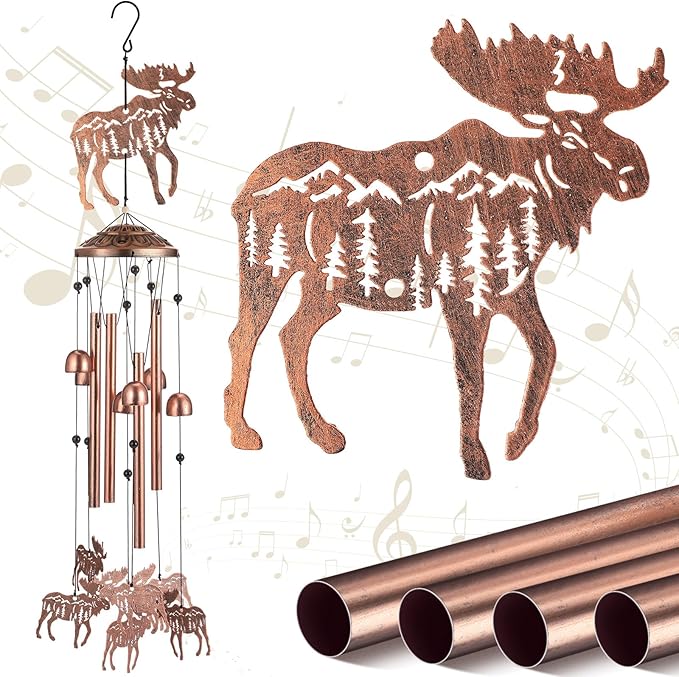 VioraWhite Moose Wind Chimes Decorations Gifts for Women Men Mom Wife Grandma Birthday Gifts Metal Moose Wind Chimes for Outside Indoors, Lawn, Patio, Home, Porch, Yard Decor, Garden Decor