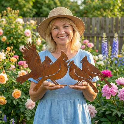5PCS Rusty Metal Cardinal Silhouettes Outdoor Garden Statues, Rustic Bird Yard Art for Fence Patio, Spring Garden Ornaments (Vintage Rusted Finish, Not Defects)