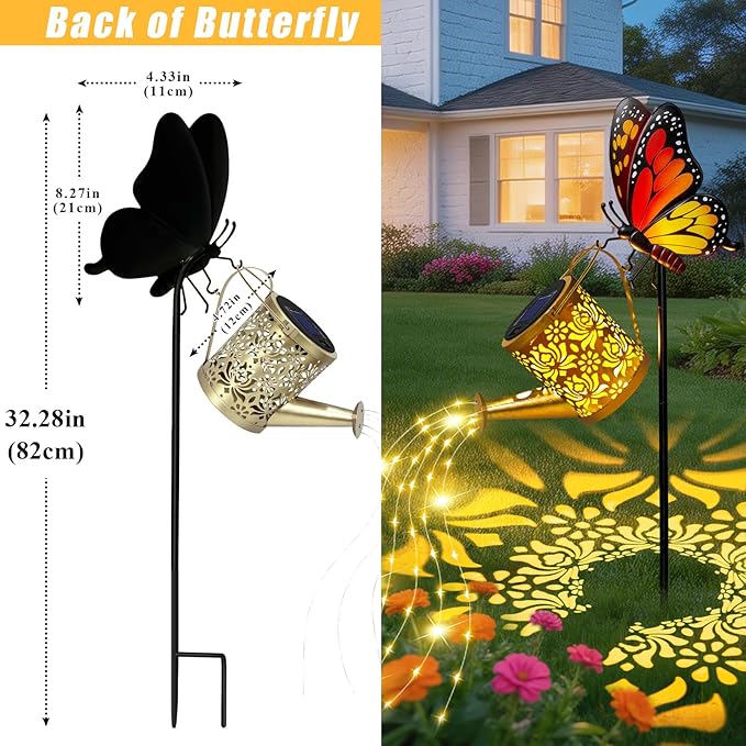 Solar Lights Garden Decor, Waterproof Solar Watering Can with Butterfly Garden Stakes, Outdoor Light with Cascading Lights for Yard Art Outside Patio Lawn Porch, Birthday Gift for Mom Women 2 Pack