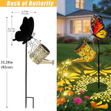 Solar Lights Garden Decor, Waterproof Solar Watering Can with Butterfly Garden Stakes, Outdoor Light with Cascading Lights for Yard Art Outside Patio Lawn Porch, Birthday Gift for Mom Women 2 Pack