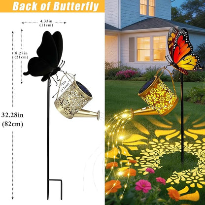 Solar Lights Garden Decor, Waterproof Solar Watering Can with Butterfly Garden Stakes, Outdoor Light with Cascading Lights for Yard Art Outside Patio Lawn Porch, Birthday Gift for Mom Women 2 Pack
