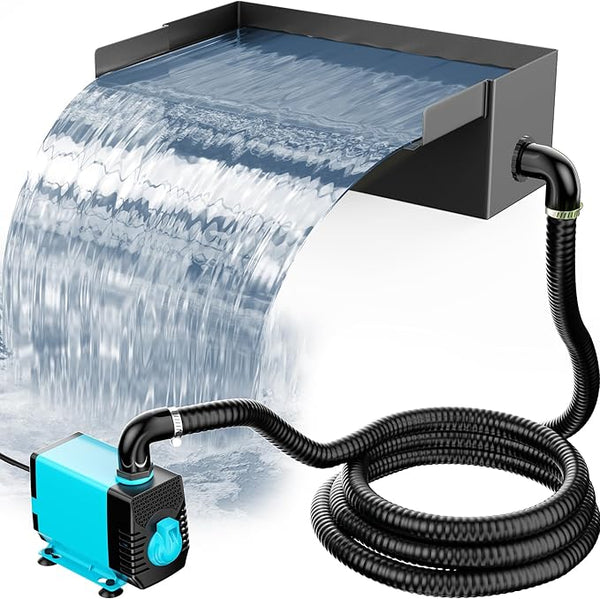 POPOSOAP Pond Waterfall Spillway with Pump Kit, 304 Stainless Steel Pond Waterfall, Pond Spillway with 9.8FT Corrugated Tubing for Garden,Water Features (8“)-P42