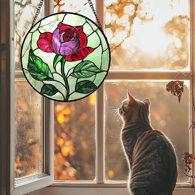 Stained Glass Window Hanging 4 Pcs Set Red Roses Yellow Sunflowers 6.3" - Flower Suncatcher Door Garden Sun Catcher Decor Birthday Mother's Day for Mom Woman Nana Girl
