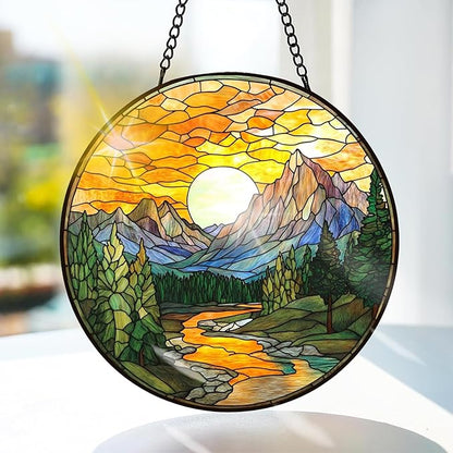 Bimkole Scenery Stained Glass Suncatcher Window Hanging - Rivers Indoor Window or Doorway Decoration - Handmade Sun Catcher Decor for Garden Home Christmas & Birthday Gifts 7.87x7.87 inch