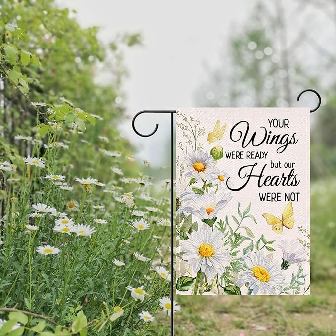 Artofy Memorial Daisy Flower Small Decorative Garden Flag, Your Wings Were Ready Floral Butterfly Cemetery Yard Lawn Outside Decor, Spring Summer Burlap Outdoor Home Decoration Double Sided 12 x 18