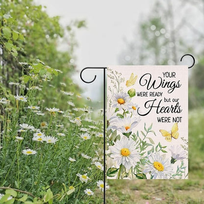 Artofy Memorial Daisy Flower Small Decorative Garden Flag, Your Wings Were Ready Floral Butterfly Cemetery Yard Lawn Outside Decor, Spring Summer Burlap Outdoor Home Decoration Double Sided 12 x 18