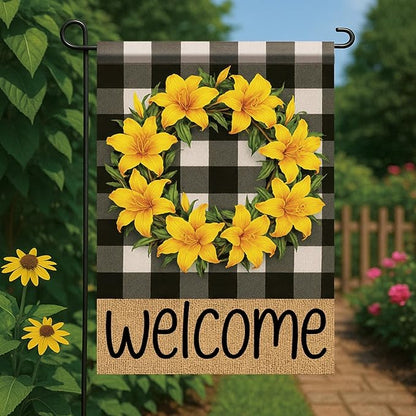 Buffalo Plaid Welcome Wreath Garden Flag Lily Flower Flag 12x 18 Inch Double Sided Spring Outdoor Fall Autumn Farmhouse Outdoor Small Decor for Porch Lawn Patio Yard