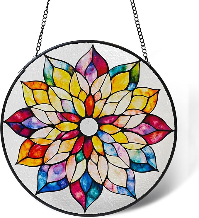 8'' Colorful Mandala Stained Glass Window Hanging, Suncatcher for Window Decor, Stained Glass Sun Catchers, Gifts for Women, Flower Lover, Christmas, Mother's Day, Birthdays