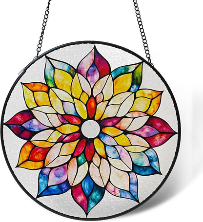 8'' Colorful Mandala Stained Glass Window Hanging, Suncatcher for Window Decor, Stained Glass Sun Catchers, Gifts for Women, Flower Lover, Christmas, Mother's Day, Birthdays