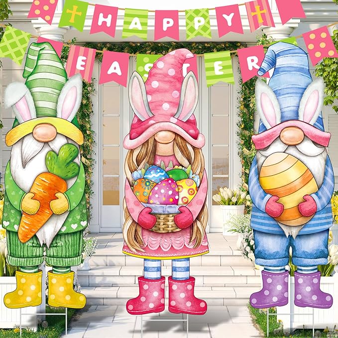 Umigy 3 Pcs Easter Yard Sign Gnome Outdoor Sign with Stakes 32 x 10 Inch Gnome Lawn Decor Easter Yard Lawn Decor for Home Pathway Walkway